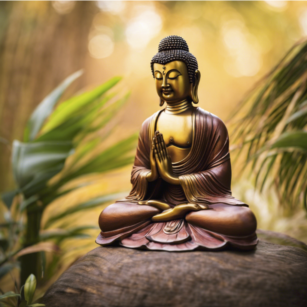 Golden Buddha sitting on a rock with ferns in the background